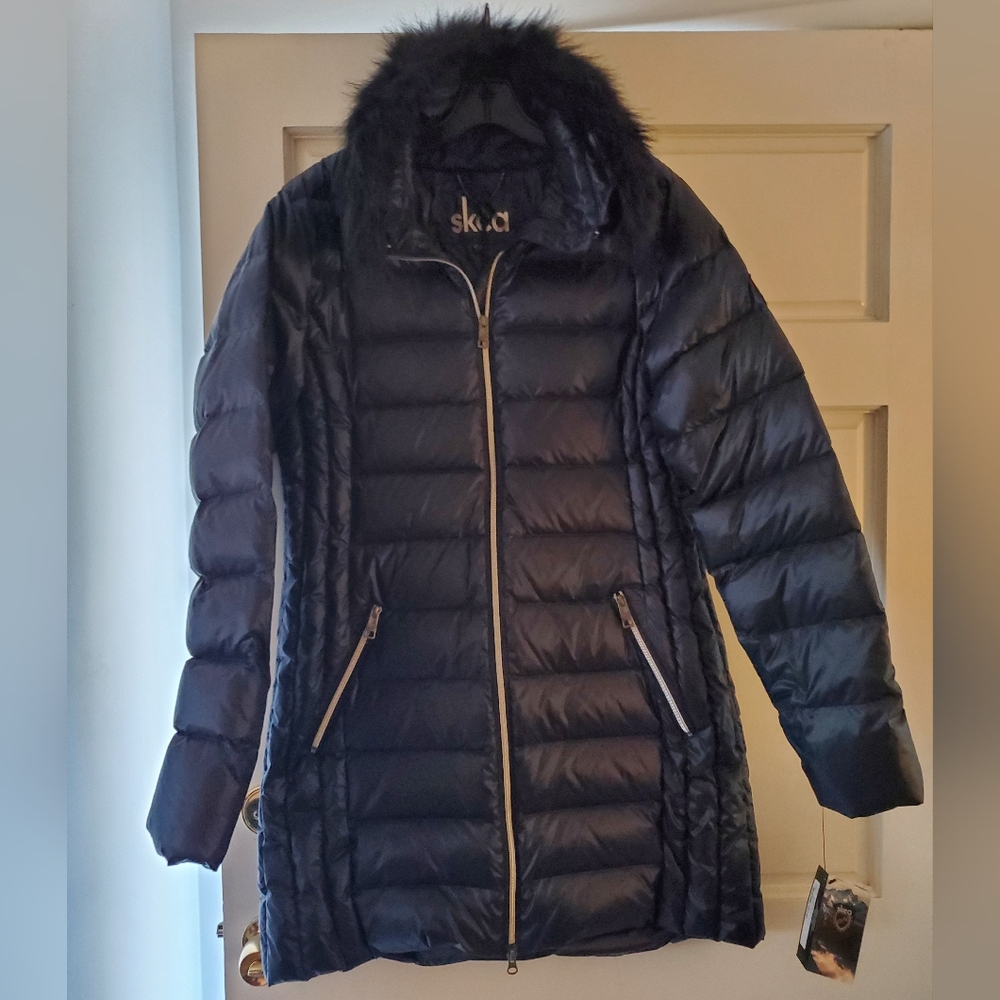 SKEA Long Navy Blue Down Puffer Jacket with Faux Black Fox Collar